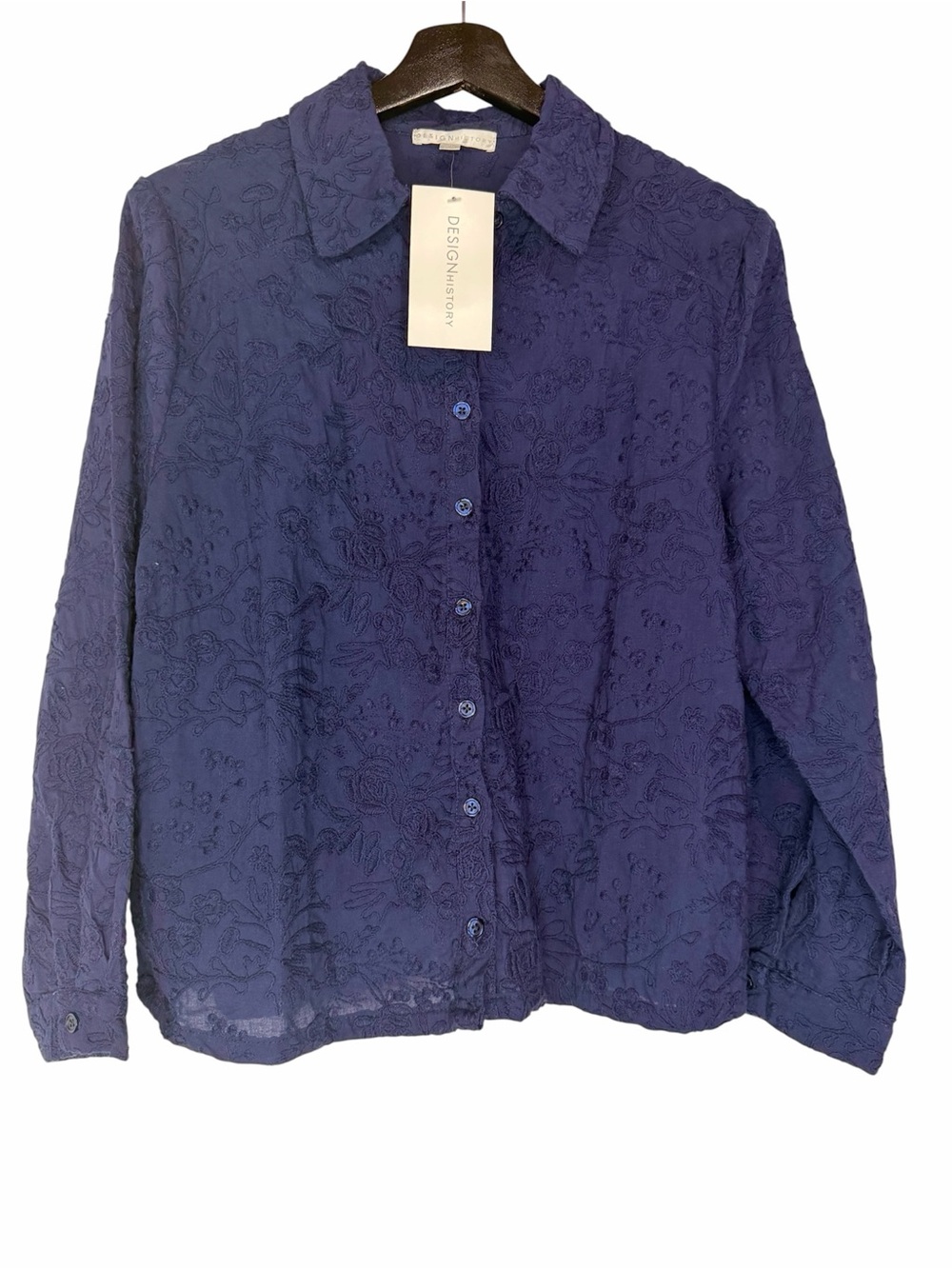 NWT Design History Floral Embroidered Button-Down Shirt size Large Navy Blue Top